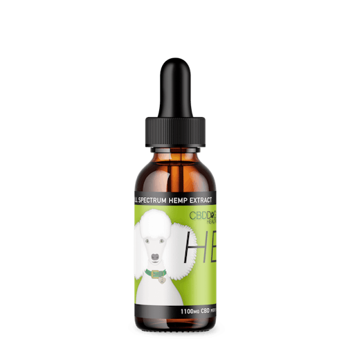 A dropper bottle with a light green label featuring a white poodle breed